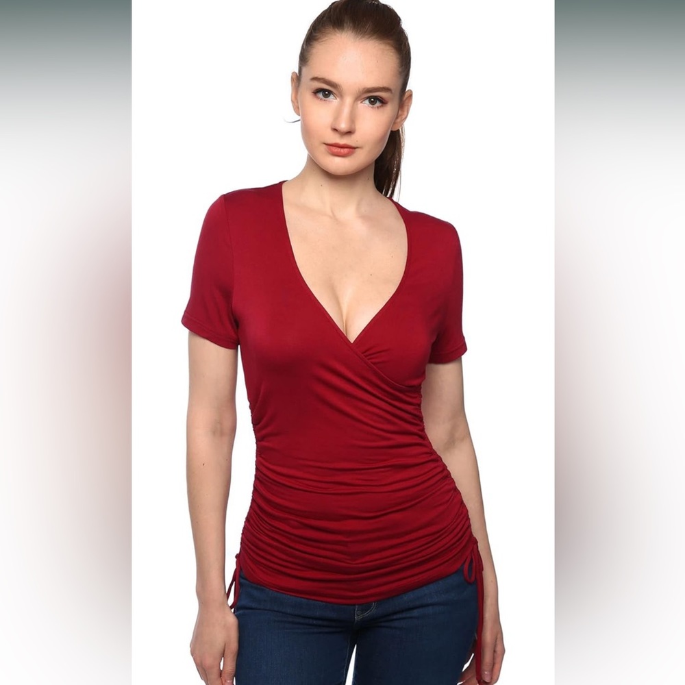 AmélieBoutik Women V Neck Faux Wrap Drawstring Ruched Sides Short Sleeve Top